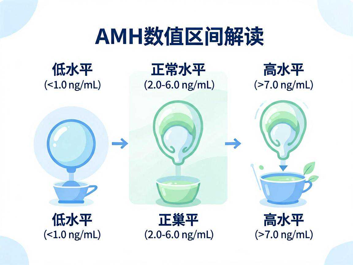 AMH数值区间解读图:低水平(<1.0 ng/mL)、正常水平(2.0-6.0 ng/mL)、高水平(></p>
<p>7.0 ng/mL)与对应卵巢反应